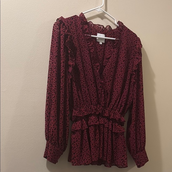 MISA Los Angeles burgundy Ruffle Blouse - large - long sleeve - deep V neck - Picture 1 of 7